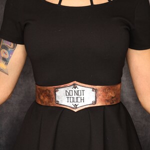 Waist belt post apocalyptic DO NOT TOUCH label fake metal Eva foam, warrior costume larp, plus size, lighweight, distressed look style image 2