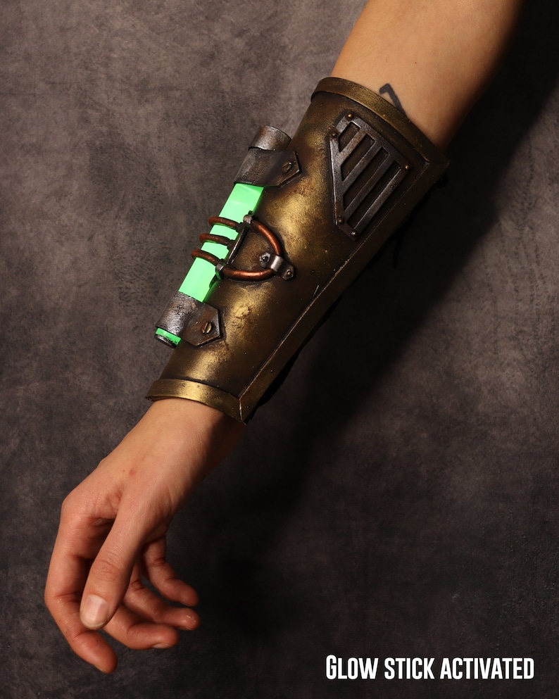 Steampunk Post apocalyptic bracer / wristband. with glowing stick. armor like, fake metal. Steampunk cyber punk costume image 5