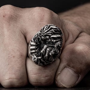 Könnte beinhalten: Ein silberner Ring mit einem detaillierten Design eines Drachenkopfes.