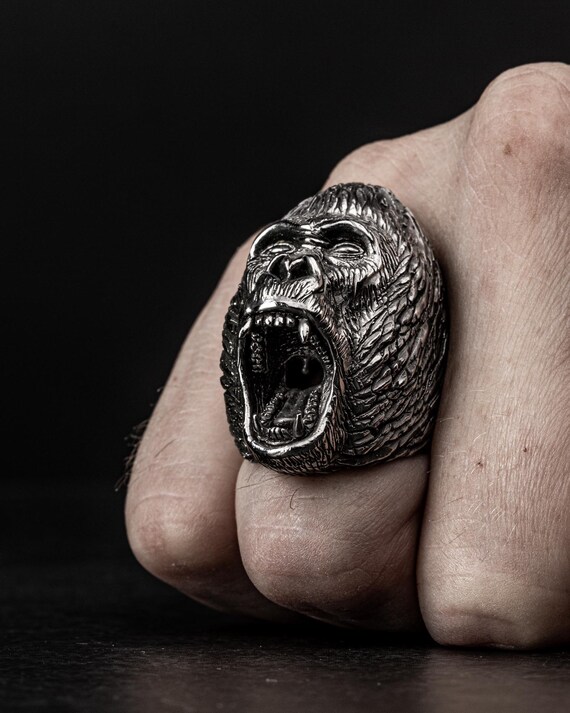 ゴリラ シルバー 925 リング ゴリラ - 925 シルバー ゴリラ リング - オープンマウス ゴリラ