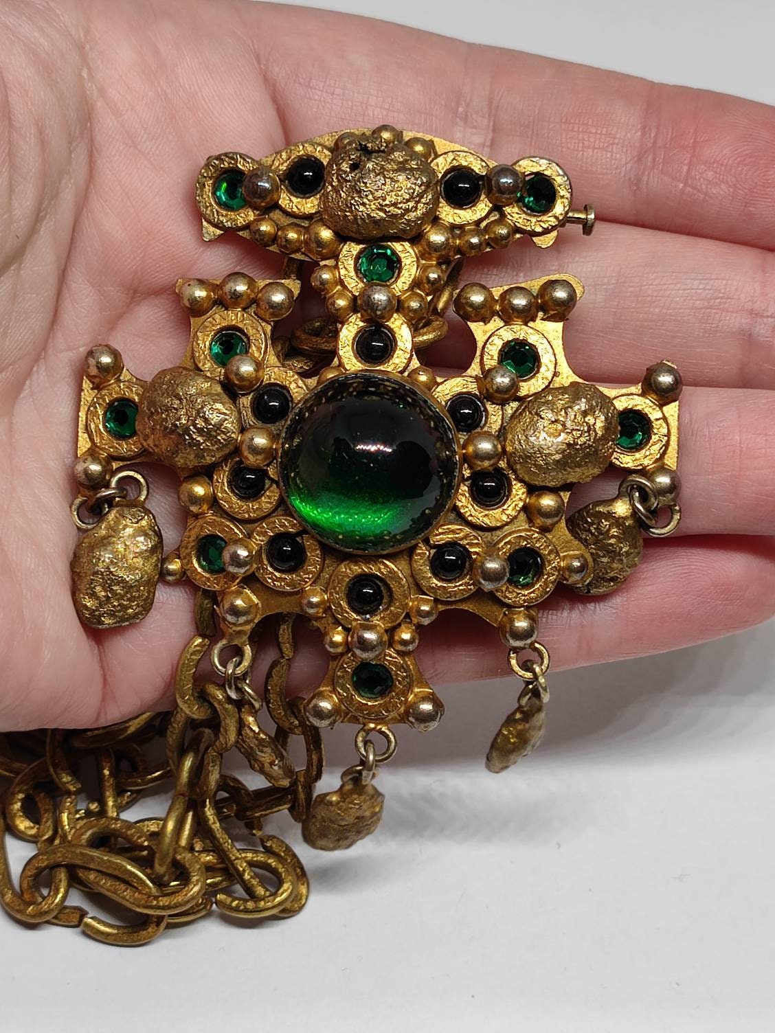 Collier Vintage HENRY PERICHON - Pendentif Verre Orange Et Strass - Dorure Patinée - Fabriqué En France