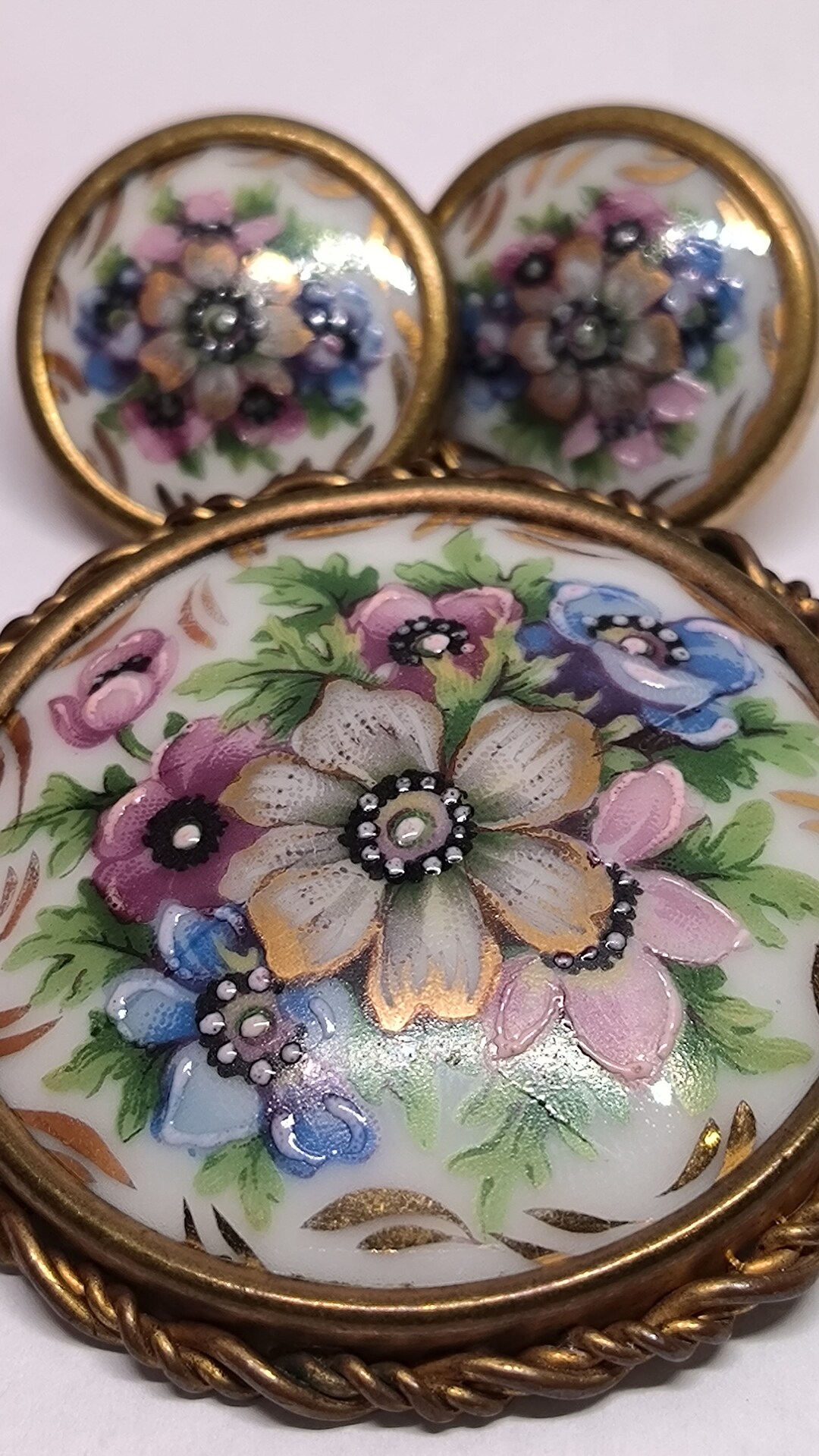 Ensemble De Bijoux Vintage Limoges France : Broche + Boucles D'oreilles - Occasion