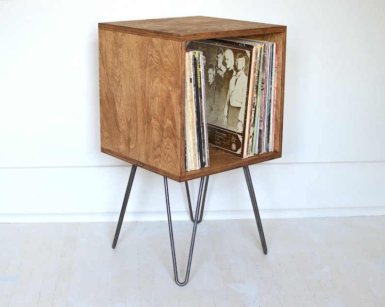 Mid-Century Modern Cabinet Bookcase Vinyl Album Storage TV Stand Hairpin Legs Zero-VOC Finish image 1