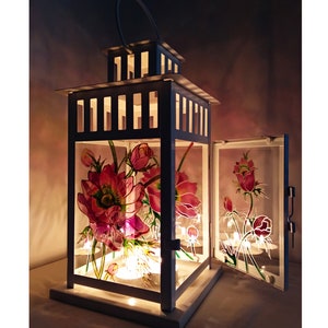 Hand painted glass lantern, Glass lamp, Candle holder, Table decor, Hand painted metal lantern, flower lamp, Stained Glass Candle Lantern image 1