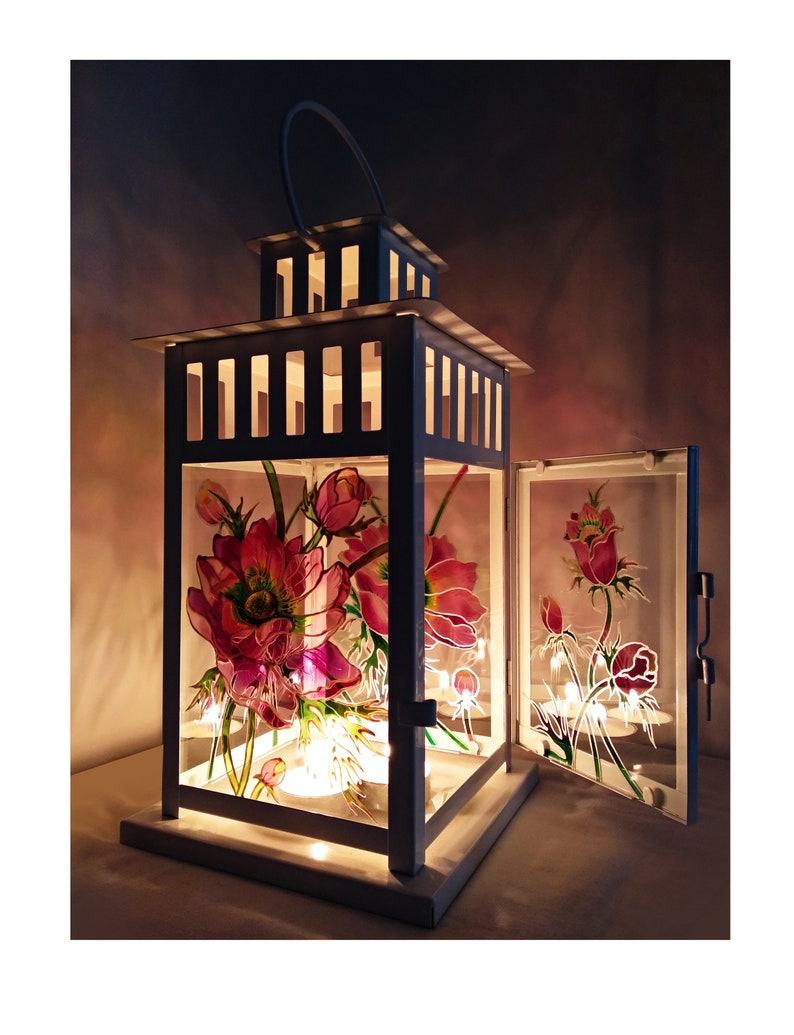 Hand painted glass lantern, Glass lamp, Candle holder, Table decor, Hand painted metal lantern, flower lamp, Stained Glass Candle Lantern image 1