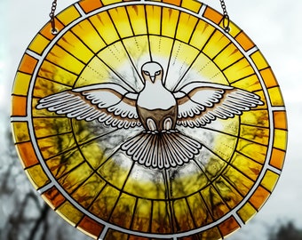 Holy spirit, Peace dove, stained glass window hangings, catholic gift for women, white dove, Dove Suncatcher, stained glass dove