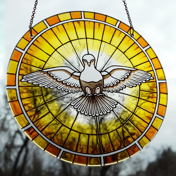 Holy spirit, Peace dove, stained glass window hangings, catholic gift for women, white dove, Dove Suncatcher, stained glass dove