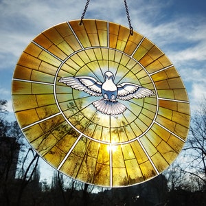 Stained Glass Holy Spirit Suncatcher: Religious Window Hanging with Dove (11.8 inch)