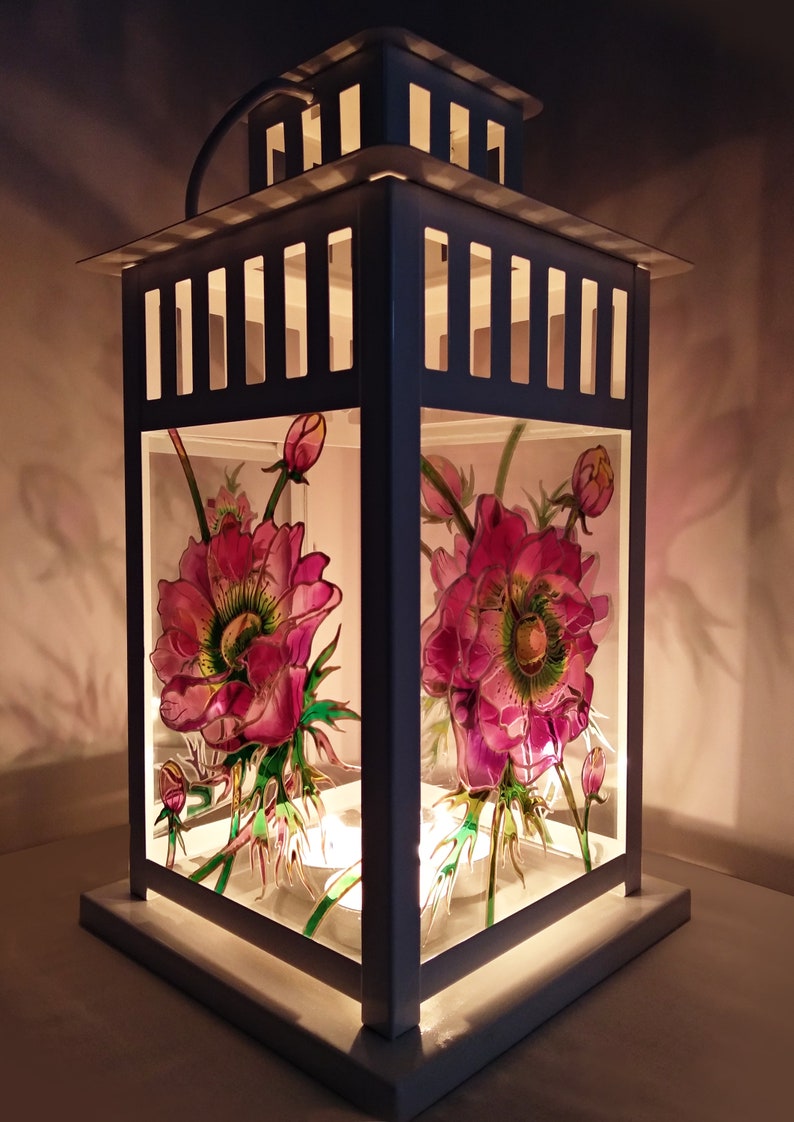 Hand painted glass lantern, Glass lamp, Candle holder, Table decor, Hand painted metal lantern, flower lamp, Stained Glass Candle Lantern image 8