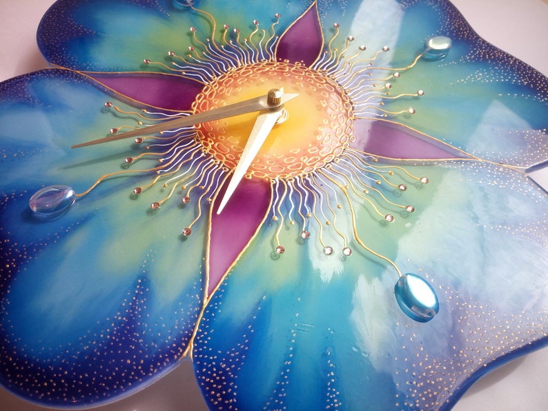 Hand painted glass wall clock Blue Fantasy Flower Wall Glass Etsy