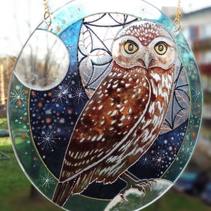 Owl suncatcher, owl pendant, fairy painting, owl painting, stained glass window hangings, owl gift, glass owl, fairycore decor, barn owl