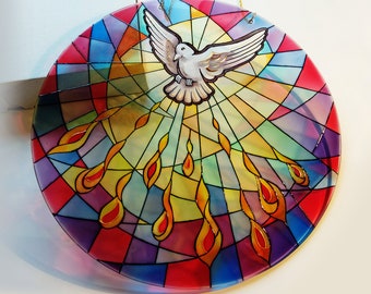 Dove holy spirit, Dove Suncatcher, stained glass suncatcher, window hanging, white dove, Glass Art, stained glass dove, religious art