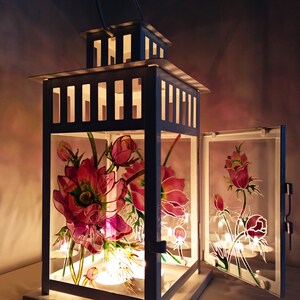 Hand painted glass lantern, Glass lamp, Candle holder, Table decor, Hand painted metal lantern, flower lamp, Stained Glass Candle Lantern image 7
