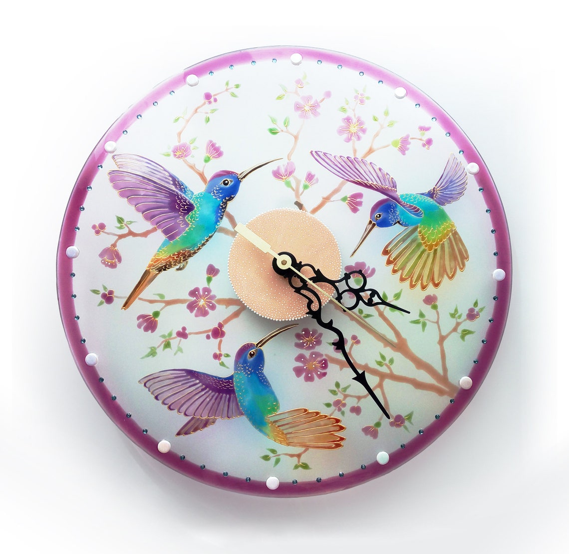 Glass wall clock with hummingbirds hand painted wall clock Etsy