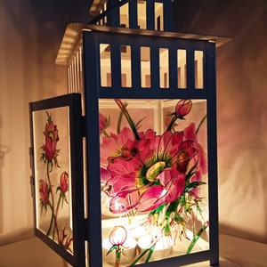 Hand painted glass lantern, Glass lamp, Candle holder, Table decor, Hand painted metal lantern, flower lamp, Stained Glass Candle Lantern image 6