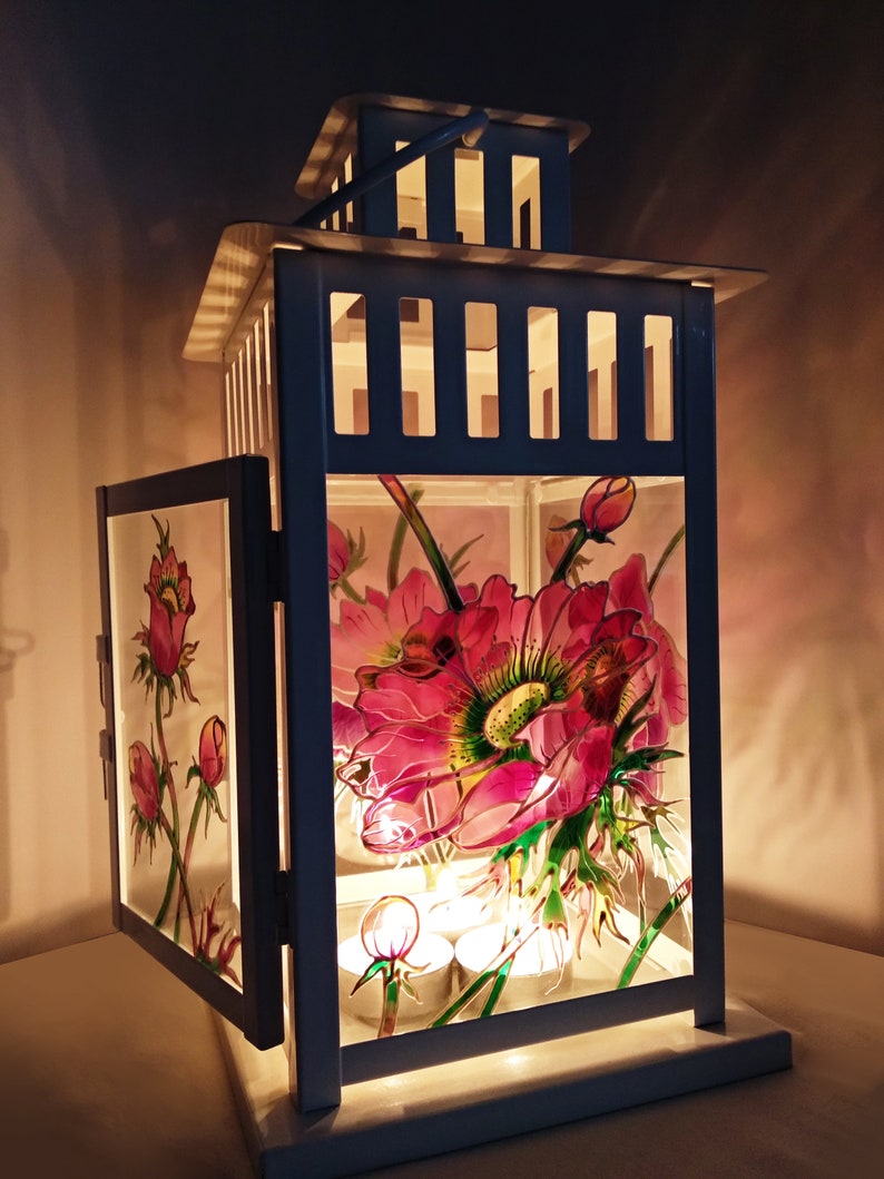 Hand painted glass lantern, Glass lamp, Candle holder, Table decor, Hand painted metal lantern, flower lamp, Stained Glass Candle Lantern image 6