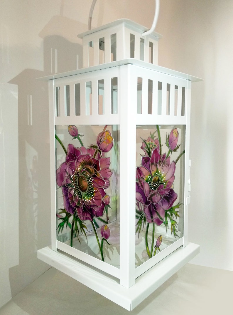 Hand painted glass lantern, Glass lamp, Candle holder, Table decor, Hand painted metal lantern, flower lamp, Stained Glass Candle Lantern image 4