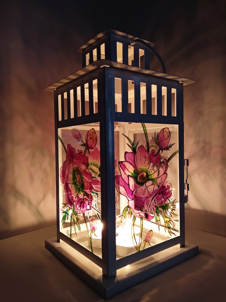 Hand painted glass lantern, Glass lamp, Candle holder, Table decor, Hand painted metal lantern, flower lamp, Stained Glass Candle Lantern image 2