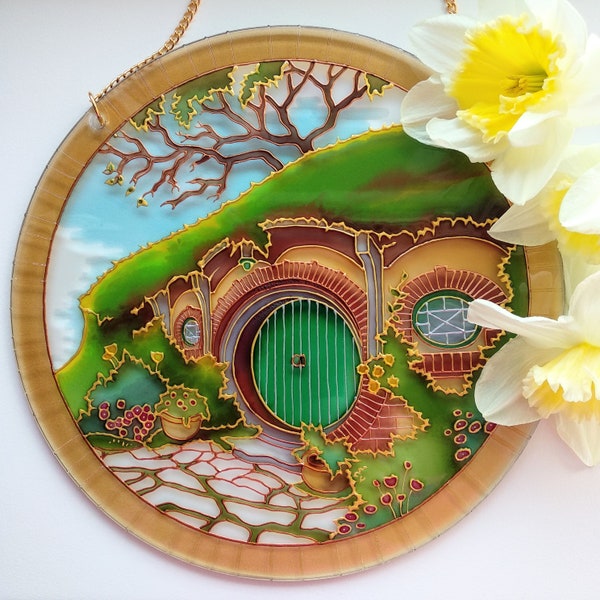 Bag End Painting, fantasy art, bag end, middle earth, elven pendant, window hangings, hanging suncatcher, original painting, stained glass