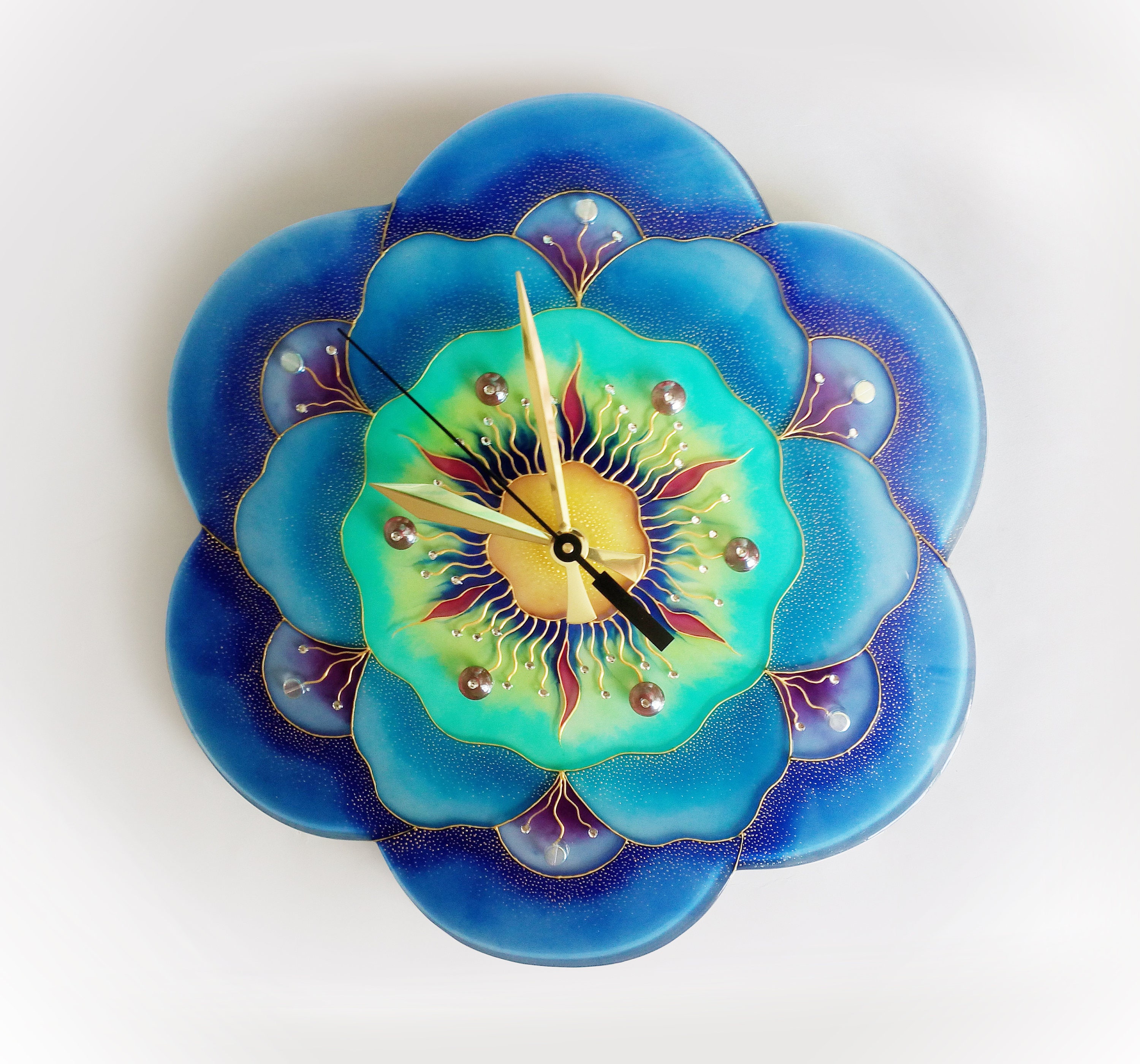 Blue glass wall clock Fantasy Flower glass painting painting Etsy