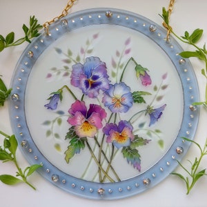 Pansy Suncatcher: Stained Glass Flower Painting, Window Hanging (8 inch)