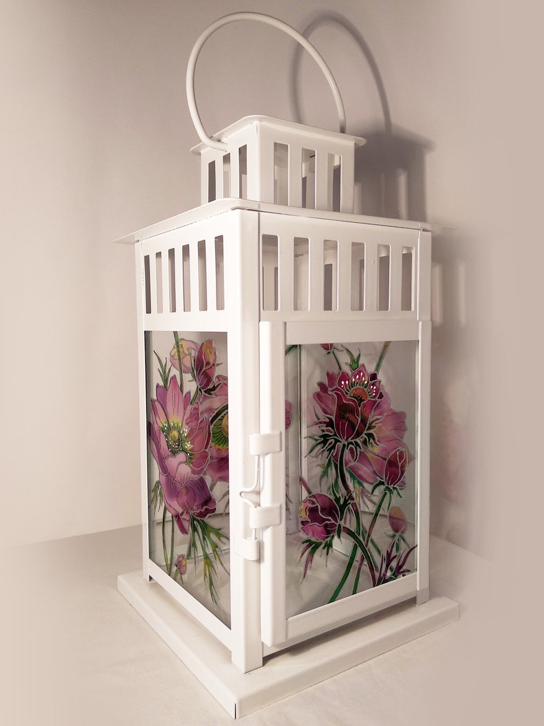 Hand painted glass lantern, Glass lamp, Candle holder, Table decor, Hand painted metal lantern, flower lamp, Stained Glass Candle Lantern image 3