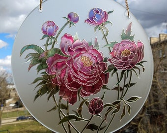 Peony painting, peony suncatcher, stained glass peony, peony flower, window hanging, pink peony, peony arrangements, peonies wall art, peony