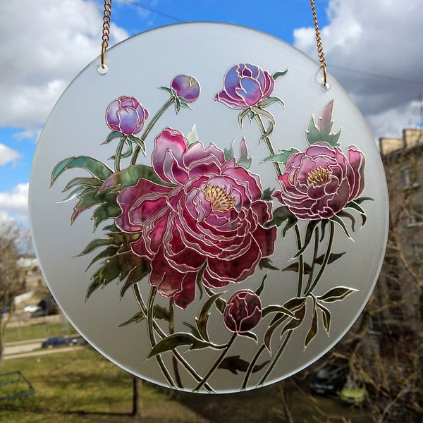 Peony painting, peony suncatcher, stained glass peony, peony flower, window hanging, pink peony, peony arrangements, peonies wall art, peony