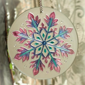 Hand painted Snowflake Suncatcher, glass snowflake, snowflake ornament, hanging snowflake, glass ornament, iridescent glass, colored glass