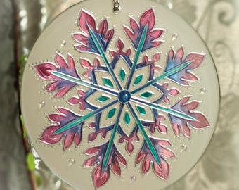 Hand painted Snowflake Suncatcher, glass snowflake, snowflake ornament, hanging snowflake, glass ornament, iridescent glass, colored glass