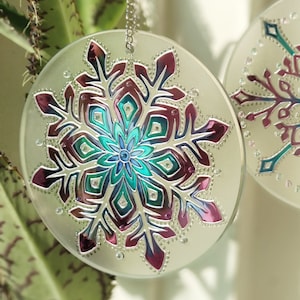 Painted snowflake pendant, glass snowflake, snowflake ornament, hanging snowflake, glass ornament, snowflake wall art, snowflake suncatcher