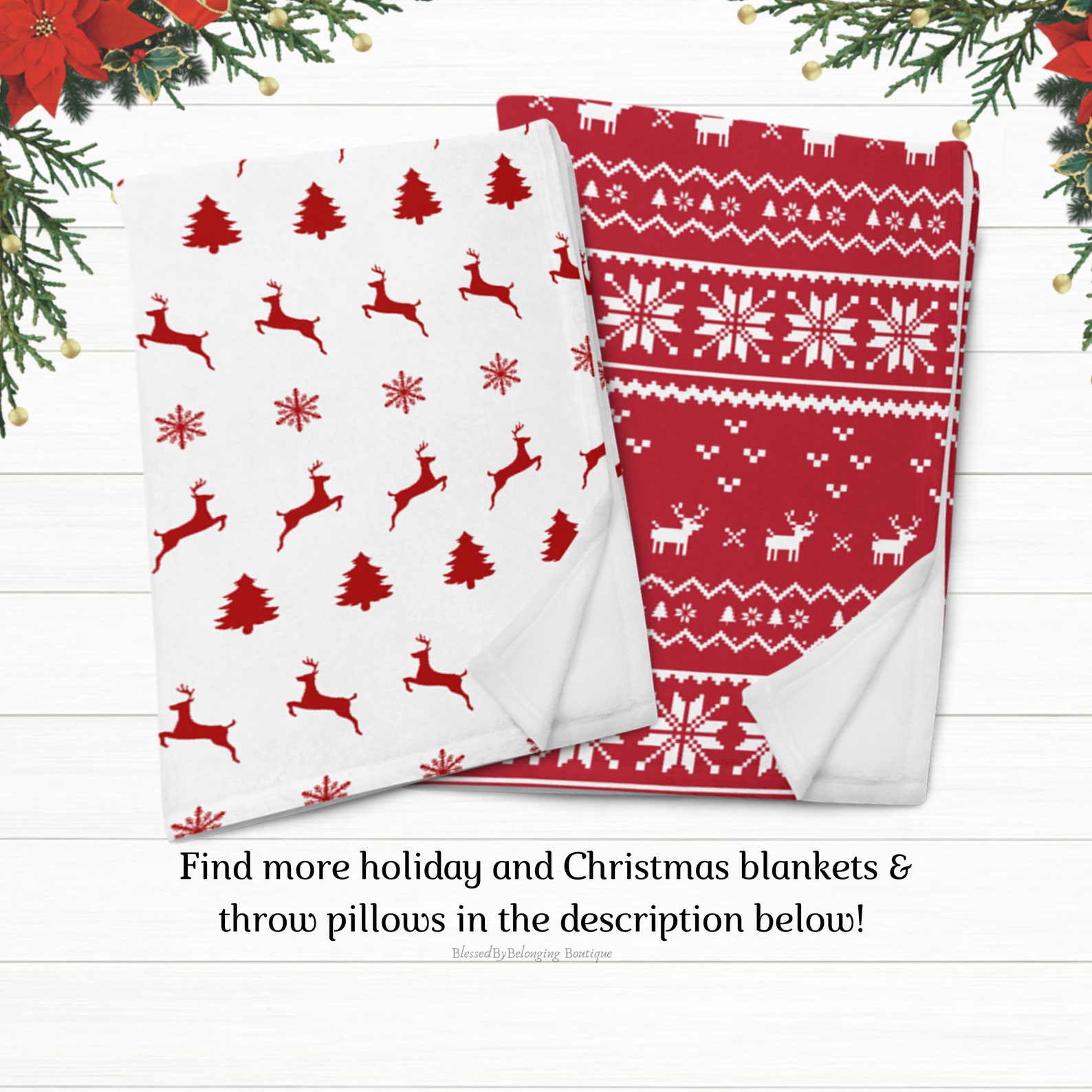 Red Reindeer Christmas Throw Blanket Etsy