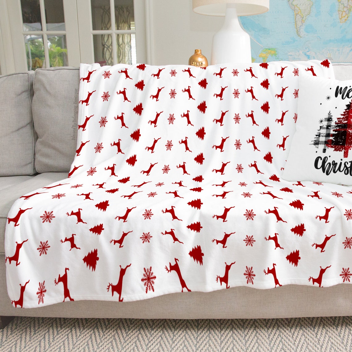 Red Reindeer Christmas Throw Blanket Etsy
