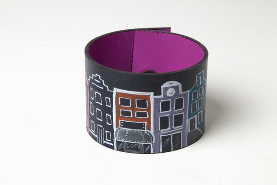 Painted Leather Bracelet Night in Amsterdam Colourful Hand - Etsy