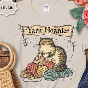 Yarn Hoarder Cat T-Shirt, Medieval Cat Yarn Lover tee, crochet shirt, knitting shirt, gift for yarn lover, funny medieval art cat shirt