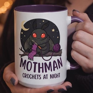 Mothman Crochets at Night Mug 15oz | Crochet Cryptid Coffee Cup, funny crochet themed mug