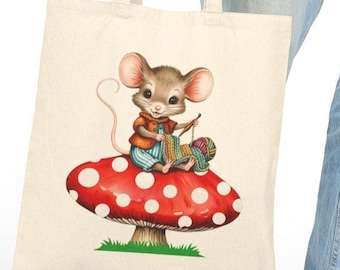 Crochet Mouse Cotton Canvas Tote Bag: Whimsical Yarn Lover Gift