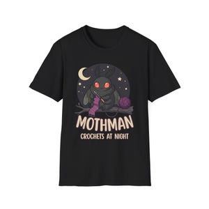 Mothman Crochets at Night Crochet Mothman T-Shirt | Cryptid Goth Crochet, crocheting tshirt, crytpid lover, crocheter gift image 3
