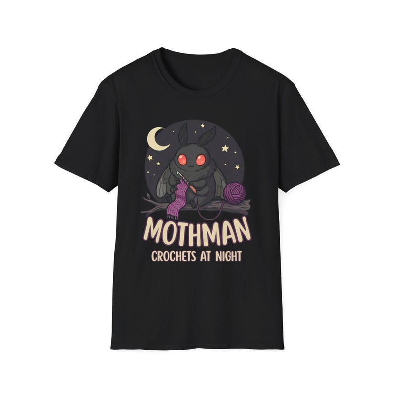Mothman Crochets at Night Crochet Mothman T-Shirt | Cryptid Goth Crochet, crocheting tshirt, crytpid lover, crocheter gift image 3