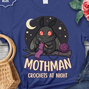 Mothman Crochets at Night Crochet Mothman T-Shirt | Cryptid Goth Crochet, crocheting tshirt, crytpid lover, crocheter gift image 2