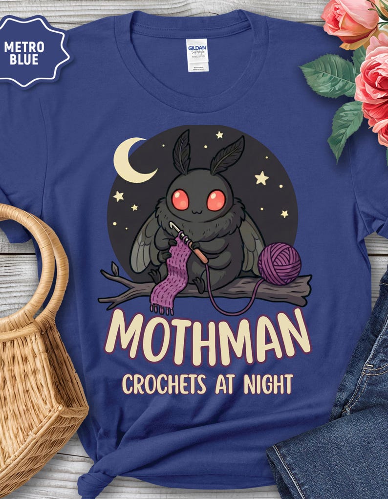 Mothman Crochets at Night Crochet Mothman T-Shirt | Cryptid Goth Crochet, crocheting tshirt, crytpid lover, crocheter gift image 2