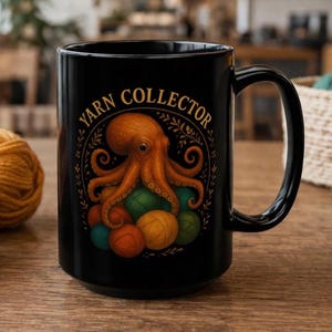 Octopus with Yarn Balls Mug | Yarn Collector Black Mug, Crochet lover mug, Knitting Lover Mug, Yarn Hoarder