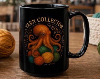 Mug poulpe avec pelotes de laine | Tasse noire de collectionneur de fil, tasse d'amant au crochet, tasse d'amant de tricot, récupérateur de fil