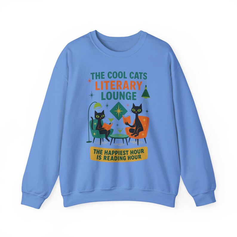 Cool Cats Literary Lounge Sweatshirt | Book Lover Cat Owner Apparel, bookish clothing, reading sweatshirt, mid century modern, atomic cat image 9