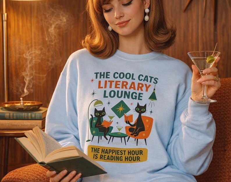 Cool Cats Literary Lounge Sweatshirt | Book Lover Cat Owner Apparel, bookish clothing, reading sweatshirt, mid century modern, atomic cat image 1