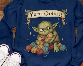 Yarn Goblin Crewneck Sweatshirt | Cute Goblin Knitting Crochet Illustration, Crochet Sweatshirt, Knitting Top, Fiber Artist