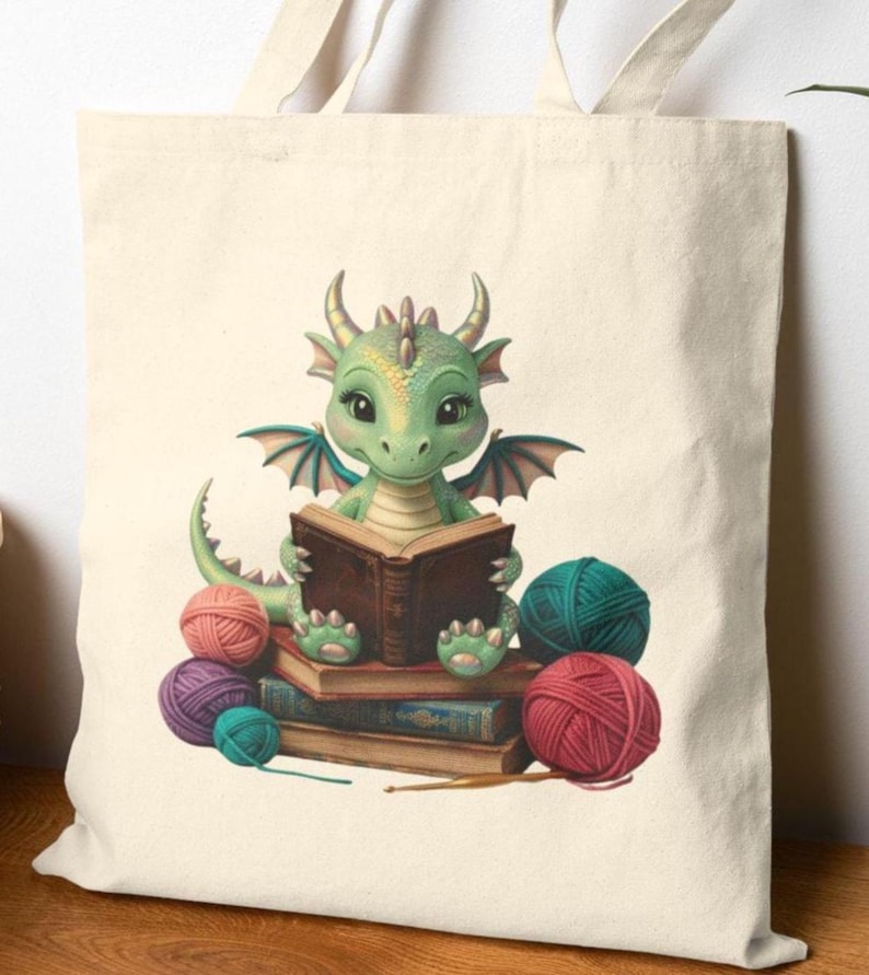 Dragon Crocheting and Reading tote bag, Books and Hooks, crochet and books bag, gift for romantasy reader and crocheters, fantasy reader image 1