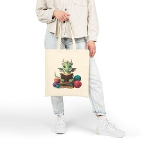 Dragon Crocheting and Reading tote bag, Books and Hooks, crochet and books bag, gift for romantasy reader and crocheters, fantasy reader image 4