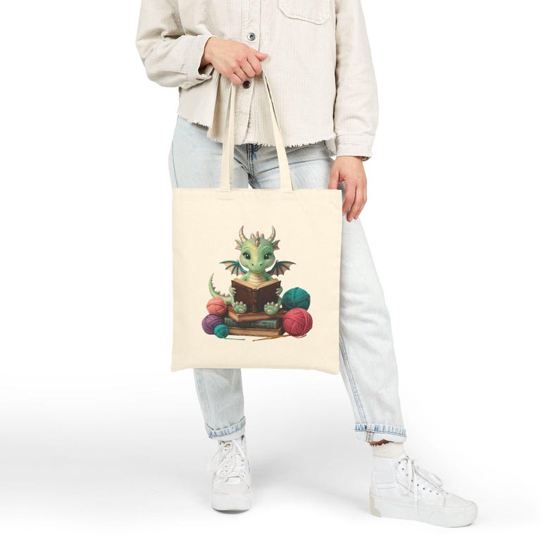 Dragon Crocheting and Reading tote bag, Books and Hooks, crochet and books bag, gift for romantasy reader and crocheters, fantasy reader image 4