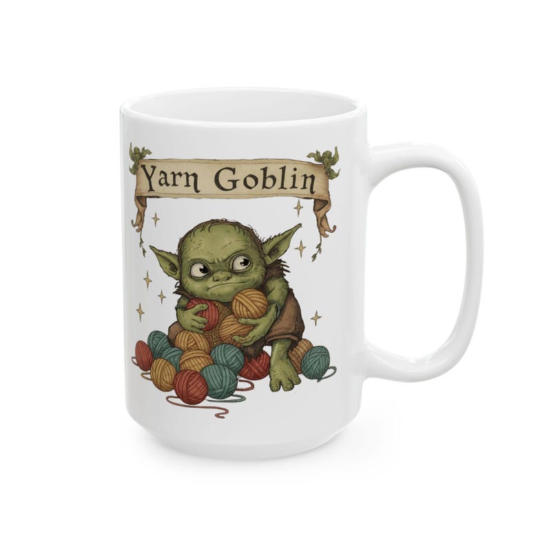 Mug lutin en fil de fer | Tasse en céramique de 15 oz avec un joli lutin au crochet et du fil, tasse amateur au crochet, tasse à café en tricot, récupérateur de fil image 4